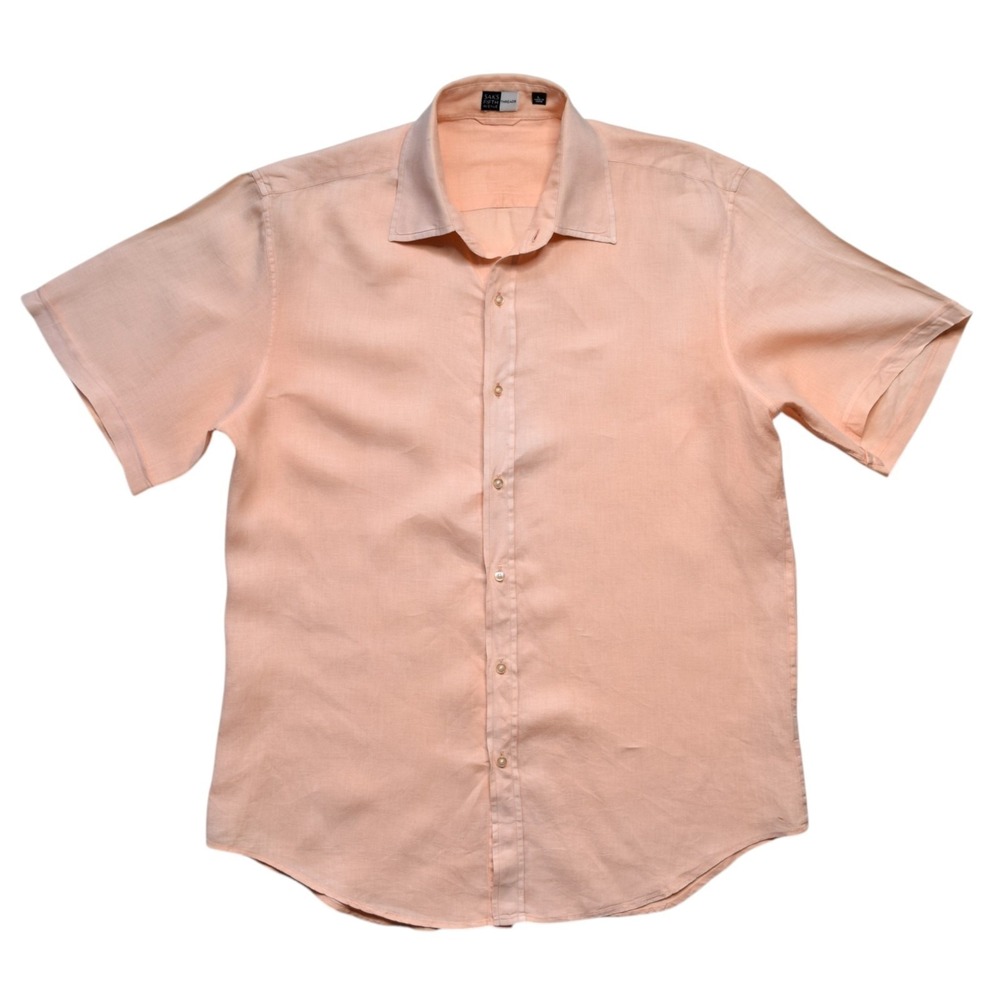 Saks Fifth Avenue Threads Mens L 100% Linen Short Sleeve Button Down Peach Shirt